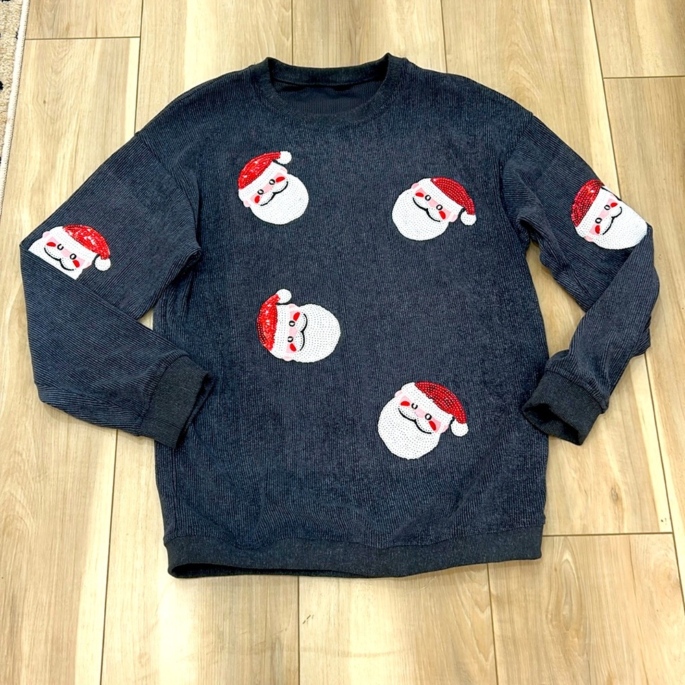 Cute Crew Neck Knit Top with Sequin Santas